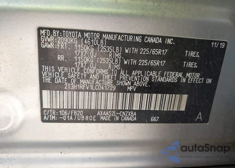 2020 Toyota Rav4 Le from USA, damaged, VIN 2T3H1RFV1LC041729